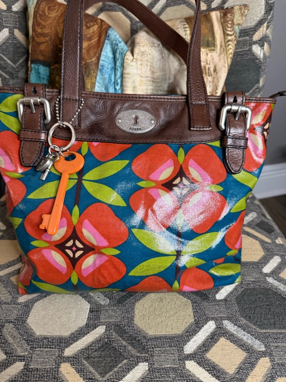 Fossil Key-Per Floral Coated Canvas Tote Bag - Blue/Orange/Pink